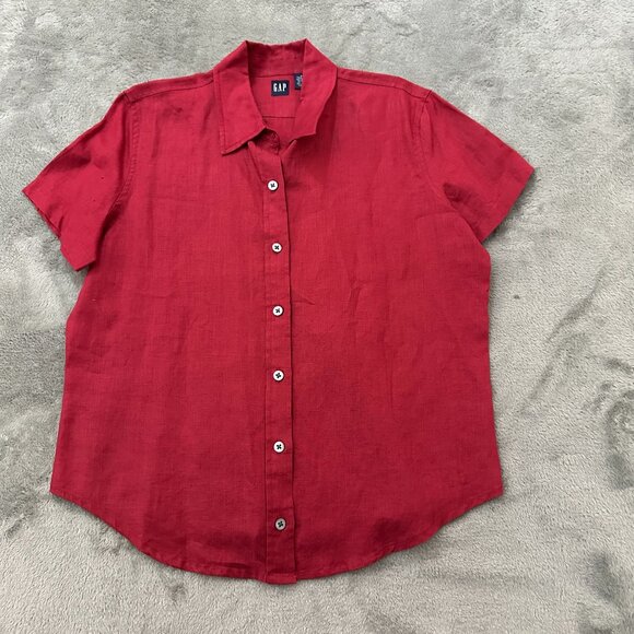 GAP Tops - Vintage 90s Y2K Gap 100% Linen Short Sleeve Button Up Shirt Top XL Women's Red